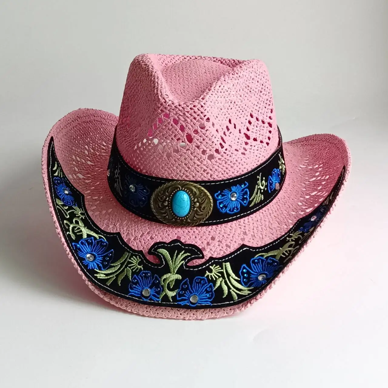 Soft Pink Hollow Crochet Western Cowgirl Straw Hat Blue Floral Rhinestone Embroidery Black Hatband Turquoise Buckle Wide Brim Br