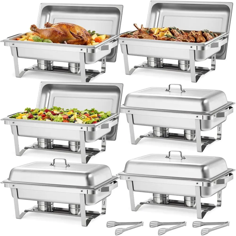 

6-Pack VEVOR 9 Qt Rectangular Stainless Steel Chafing Dishes Set with Lids, Tongs, and Fuel Holders for Parties and Weddings