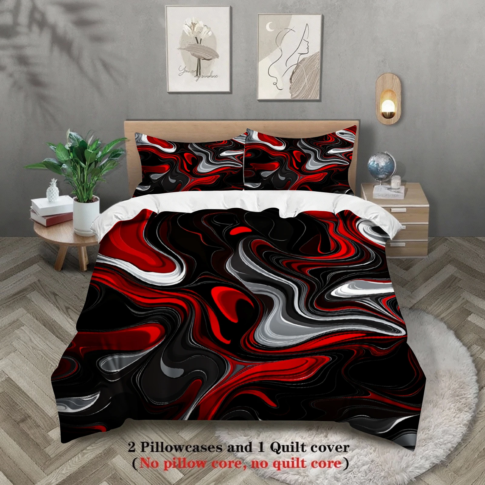 

3pcs Bedding Sets 3D Printed Abstract Red Black White Wave Pattern Duvet Cover Sets With Pillowcases No Filling Modern Abstract