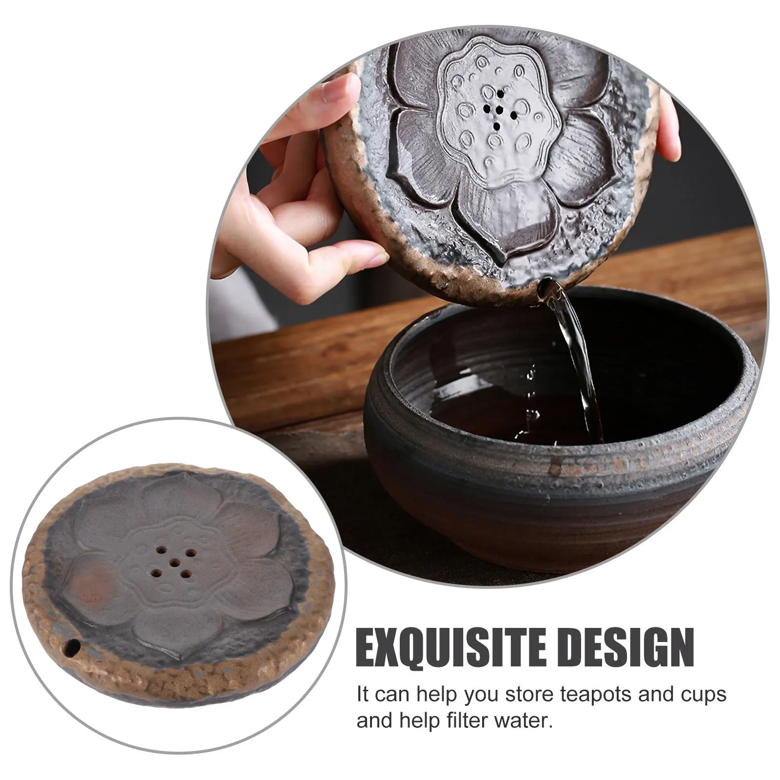 

Creative Teapot Tray Chinese Theme Vintage Style Crude Pottery Tea Kettle Plate with Quick Drainage and Easy Clean Surface