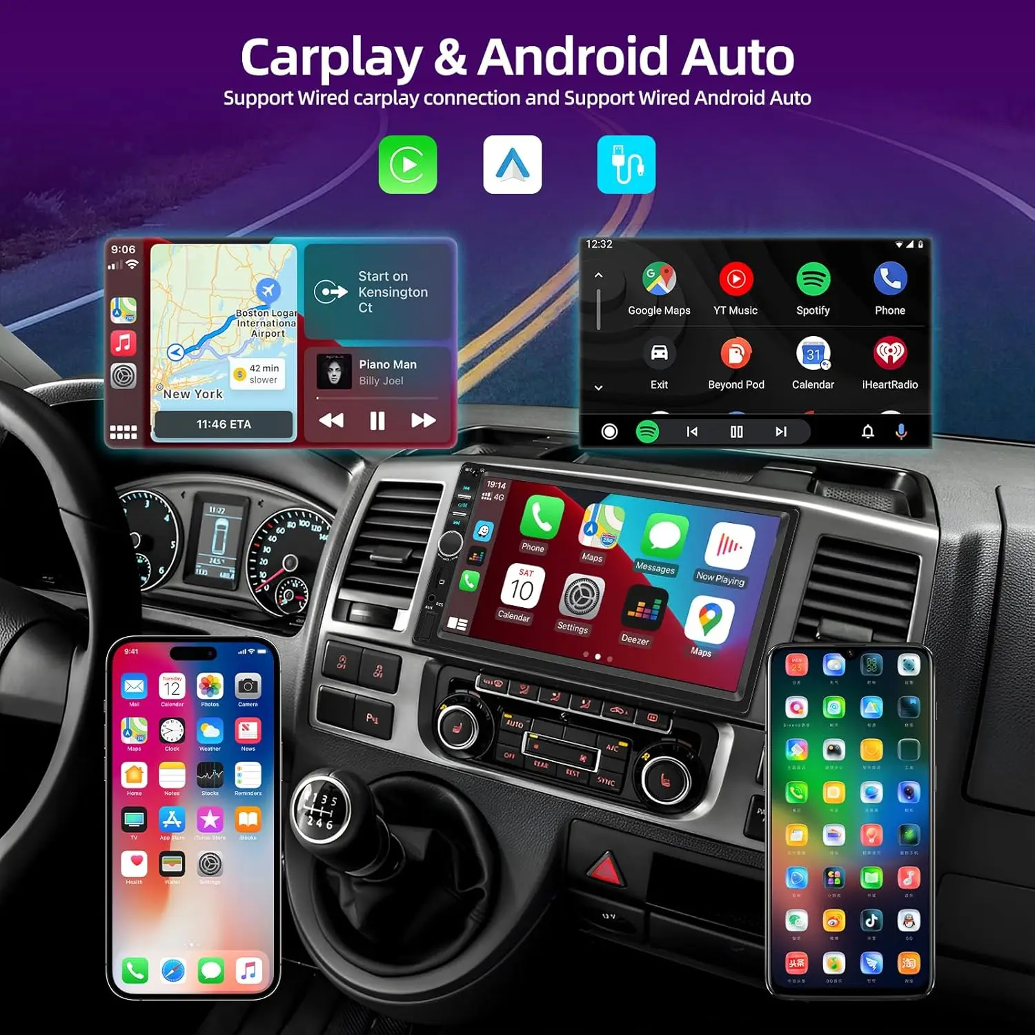 Estéreo para carro HD de 7' com CarPlay, Android Auto, câmera de backup, Bluetooth, rádio FM, USB/AUX