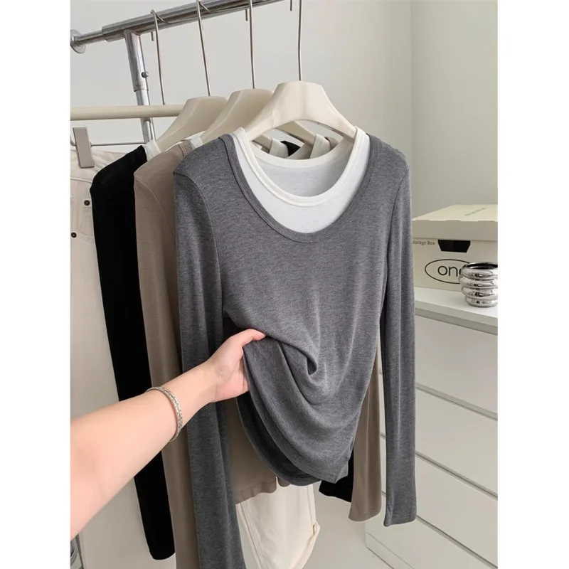 

Lightweight Women Two Pieces T-shirts Autumn Round Neck Sleeveless Tank Tops + Long Sleeve Pullover Tops