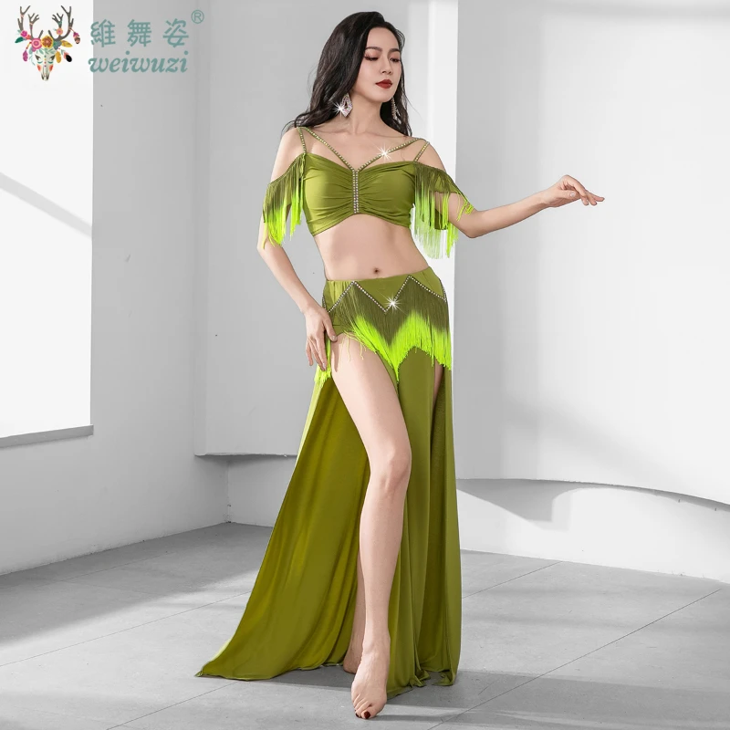 

New BellyDancer Practice Clothes for Women High-end and Sexy AB Stones Two-color Tassel Set Adult Oriental Dance Training Outfit