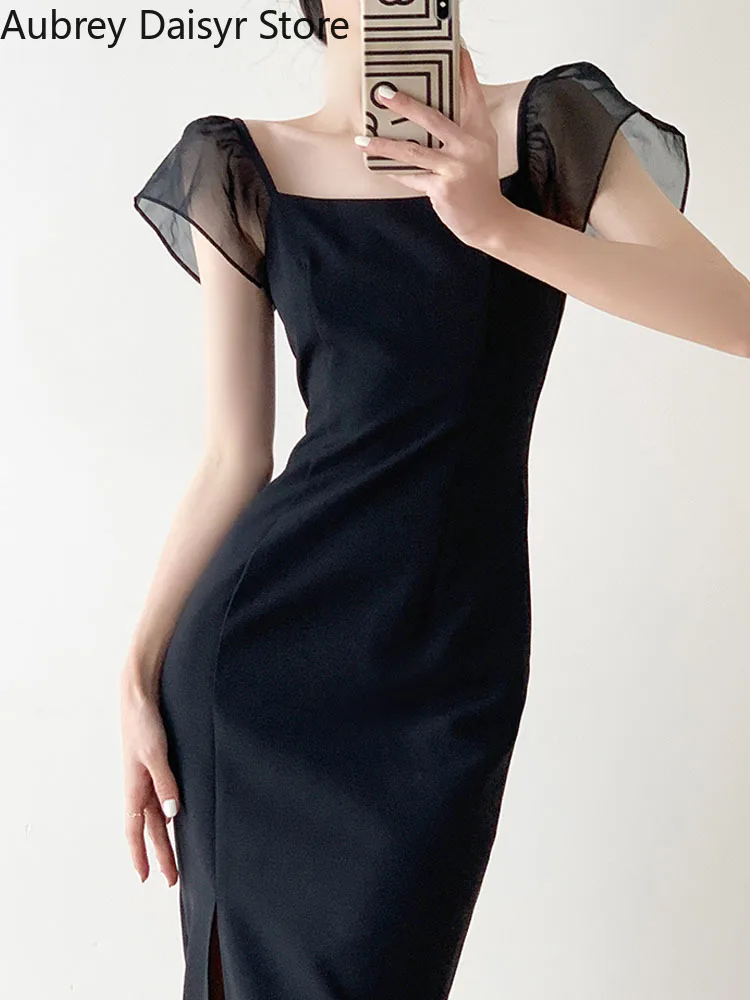 French Vintage Hepburn Midi Black Dress Women Elegant Chic Patchwork Design Y2k Dress Sexy Casual Split Luxury Evening Dress New