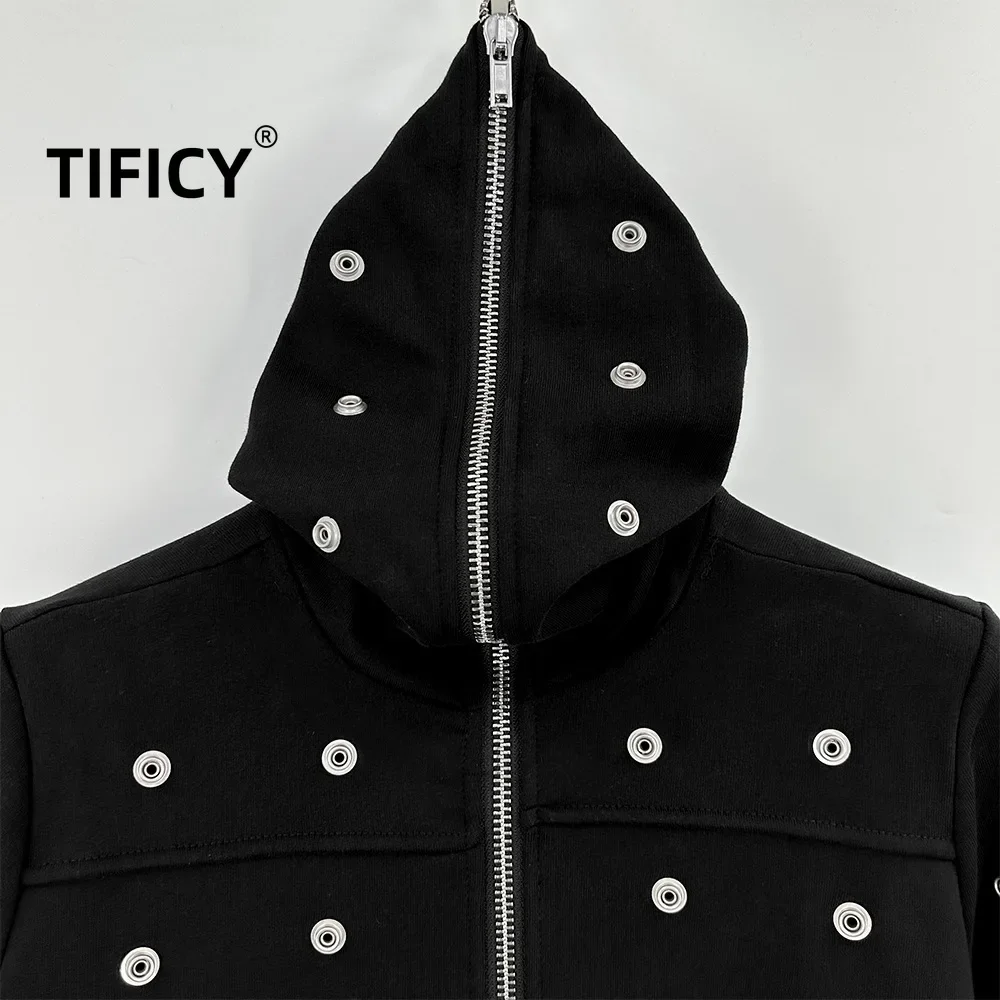 Hooded Sweatshirts Dark Women's winter High Street Style Multi Button Willow Nail Decoration Zip Up Hoodies Sweatshirt Jacket