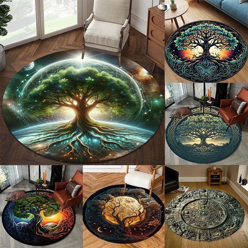 Spiritual Tree Floor Mat Colorful World Tree Yin Yang Sunrise Landscape Art Print Rug Boho Nature Living Area Decor Pad