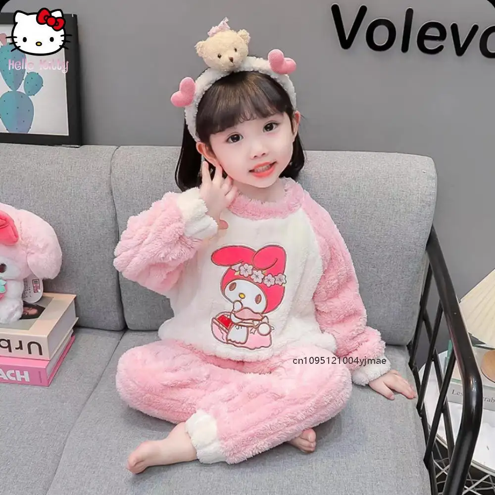 

Cartoon Sanrio Children's Thickened Coral Fleece Pajamas Flannel Home Clothes Autumn Winter New Arrival Girls Sleepwear Melody