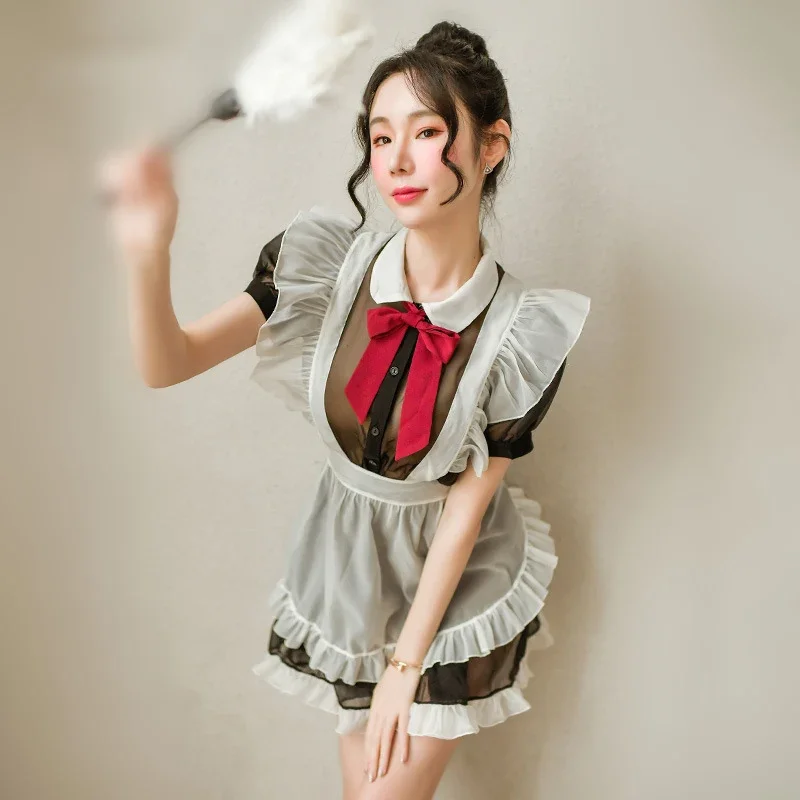 Slightly Transparent Sexy French Maid Apron Dress Party Club Nightclub Cosplay Lolita Uniform Bib Home Kitchen Couple Pinafore