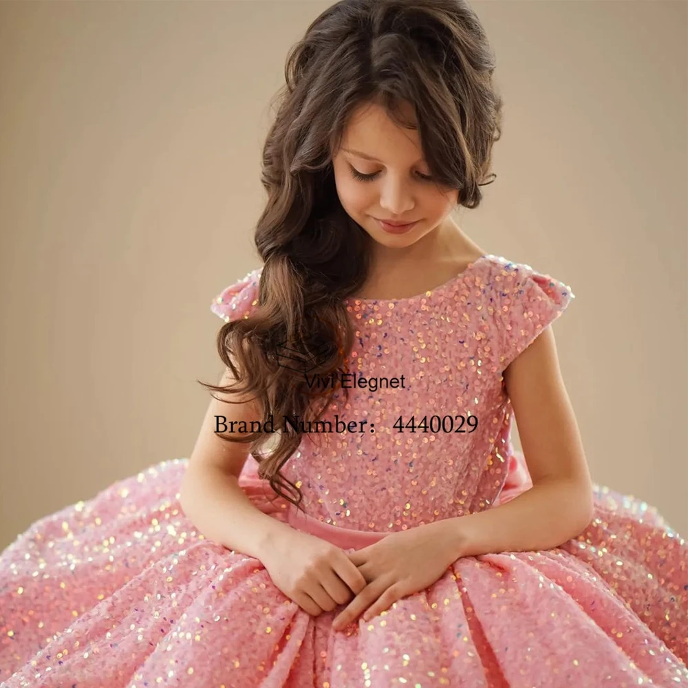 Pink Flower Girl Dresses for Wedding 2023 Summer Sequined Wedding Party Gown Puffy Short Sleeve فساتين اطفال للعيد New