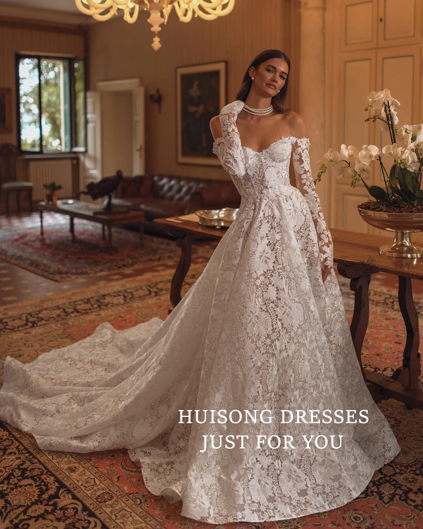 

HUISONG Customized Women's Wedding Gowns Lace Appliques Wedding Dresses Long Sleeves A-Line Beach Bridal Gown שמלת כלה