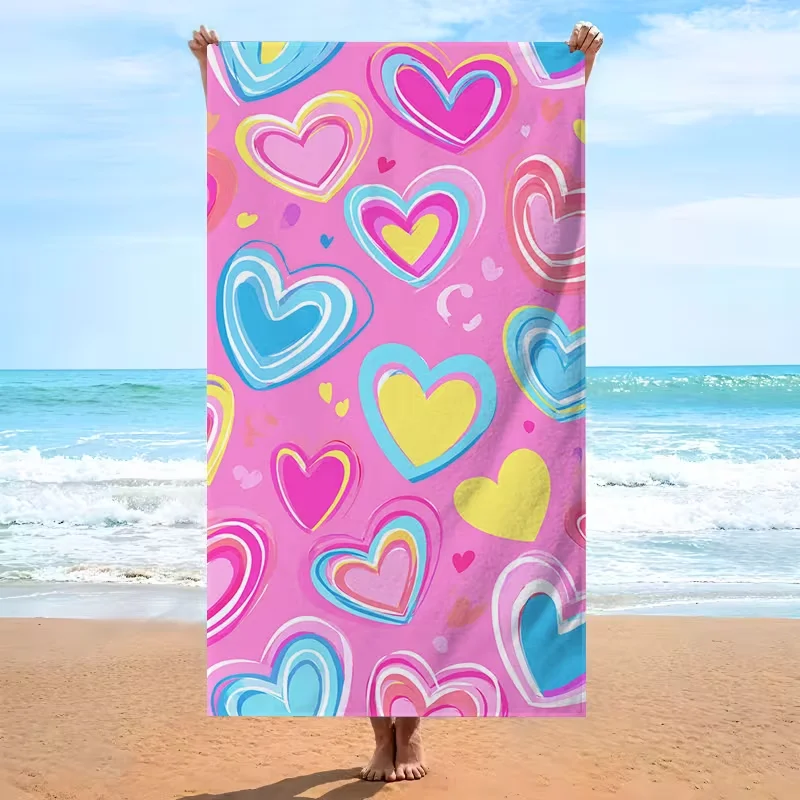 Cute Colorful Heart Print Beach Towel Absorbent Quick Dry Sandproof Towel Sweet Heart Pattern Summer Towel for Beach Activities