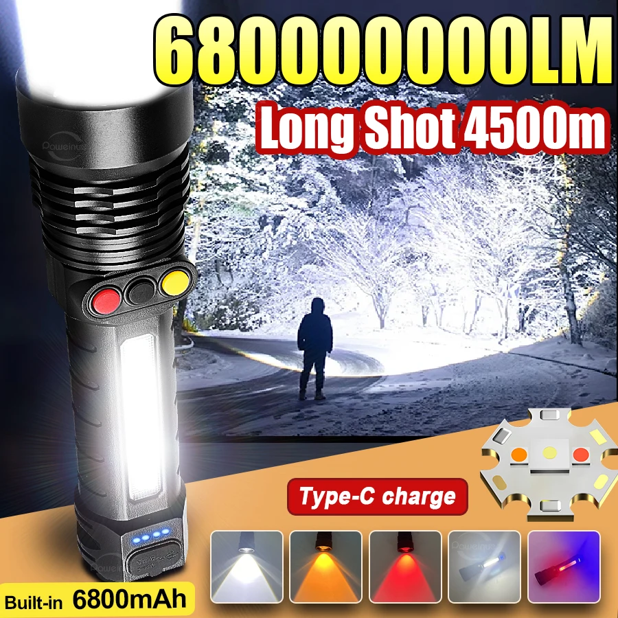 

Ультра яркие светодиодные фонарики 680000000LM, перезаряжаемый фонарик с 3-цветным светом, работа на открытом воздухе для рыбалки, кемпинга, фонаря