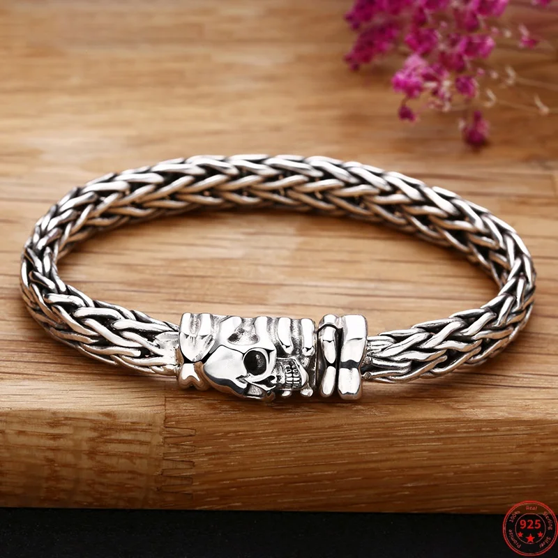 

Genuine S925 Sterling Silver Bracelets for Women Men New Fashion Relief-Skull Woven 9mm Horsewhip-chain Jewelry Wholesale