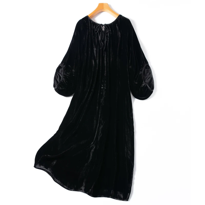 Women Silk Velvet Midi Dress Real Mulberry Silk Solid Color Black O Neck Lantern Sleeve Elegant Loose Long Dress M1051