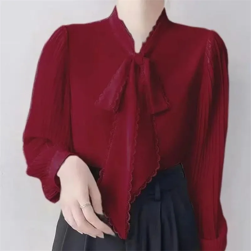 French Women Long Sleeves Bow T-shirt Summer Female Ribbon Lace V Neck Shirt Tops Coat Spring Ladies Large Size 4XL Loose Blouse