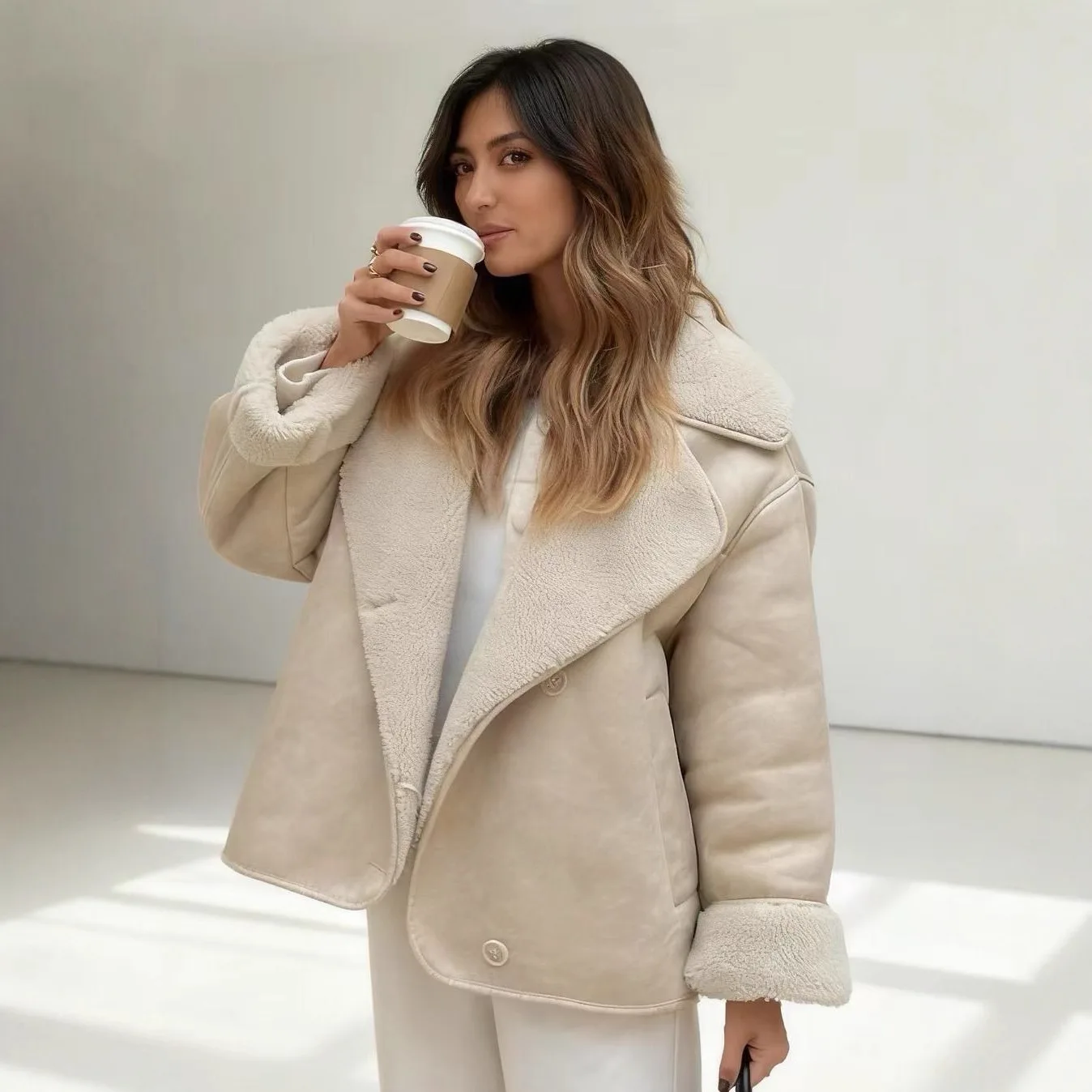 Shearling Jacket Ladies Faux Suede Shawl Lapel Button Up Long Sleeve Soft Pocket White Mid Length Loose Thick Warm Trendy Jacket