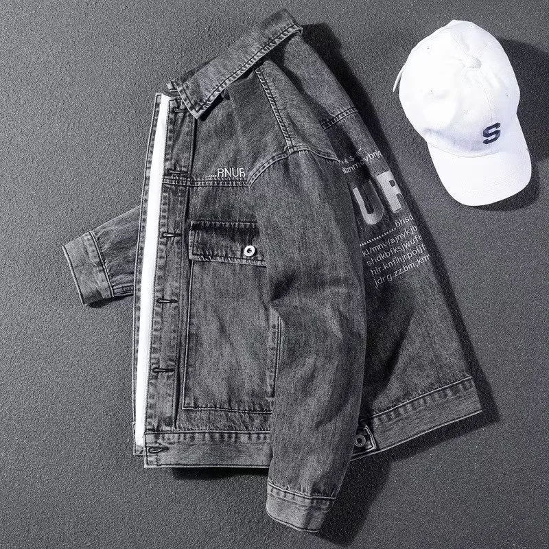 

Retro Artistic Large Size Jaet Trendy ey Denim Outerwear for Men Autumn Winter Sle Loose Fit Long Sve Faionable Yo...