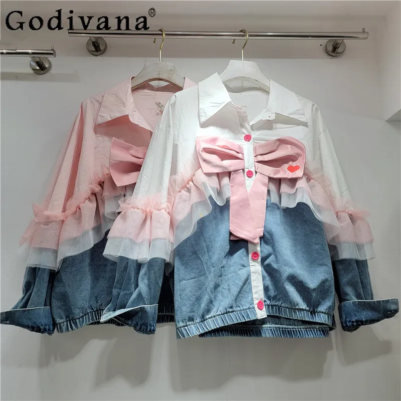 

European 2025 Spring New Denim Elegant Lace Long-sleeved Turn-down Collar Shirt Women's Versatile Loose Sweet Bow Korean Shirts