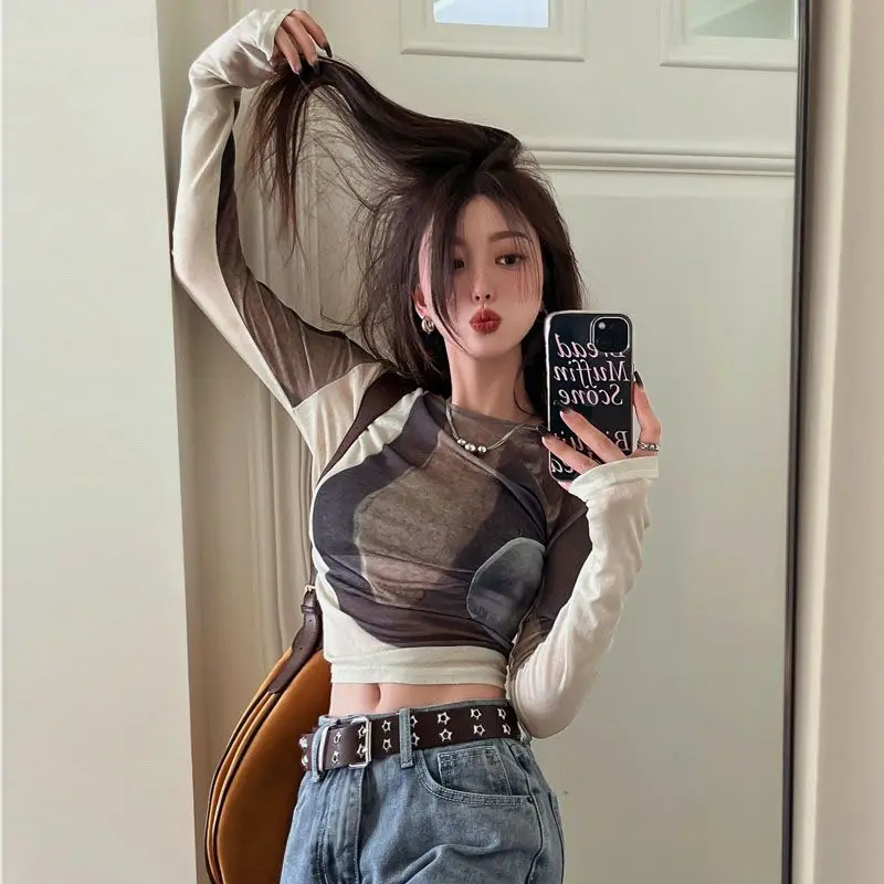 

Y2k Tops Japanese Harajuku Patchwork T-shirt Grunge Gradient Print Crop Tops Korean Fashion Chic Streetwear 00s Ropa Mujer