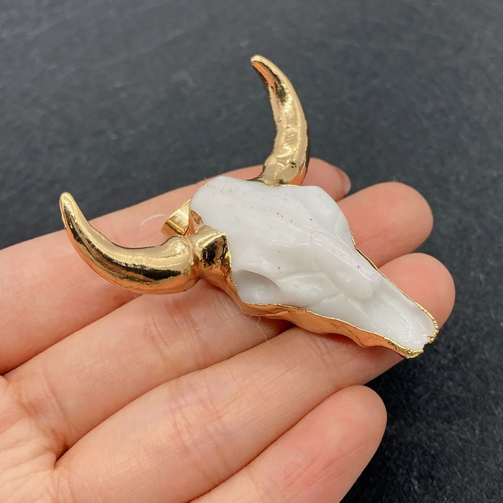 Natural Stone Animal Carving Cow Skull Acrylic Fashion Gold-plated Necklace Bracelet Jewelry Domineering Men Women DIY Pendant