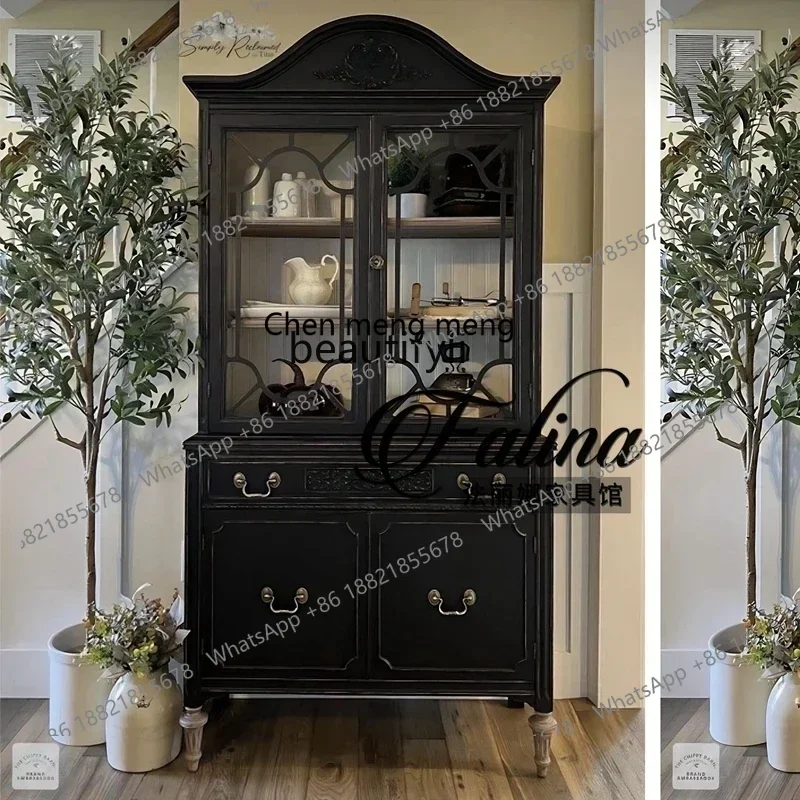 

French retro solid wood dining side cabinet integrated against the wall, American medieval, restaurant storage display locker