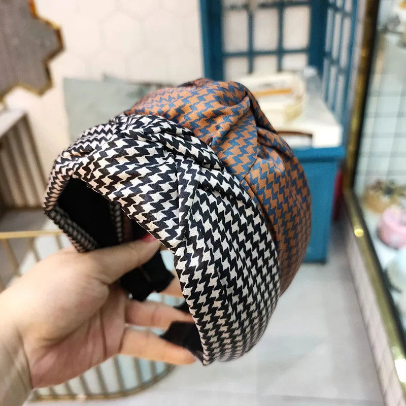 Hot Plaids Print Headband for Women Antique Hair Accessories Handmade Top Bow Knot Hairbands Face Wash Headwear Hair Hoop