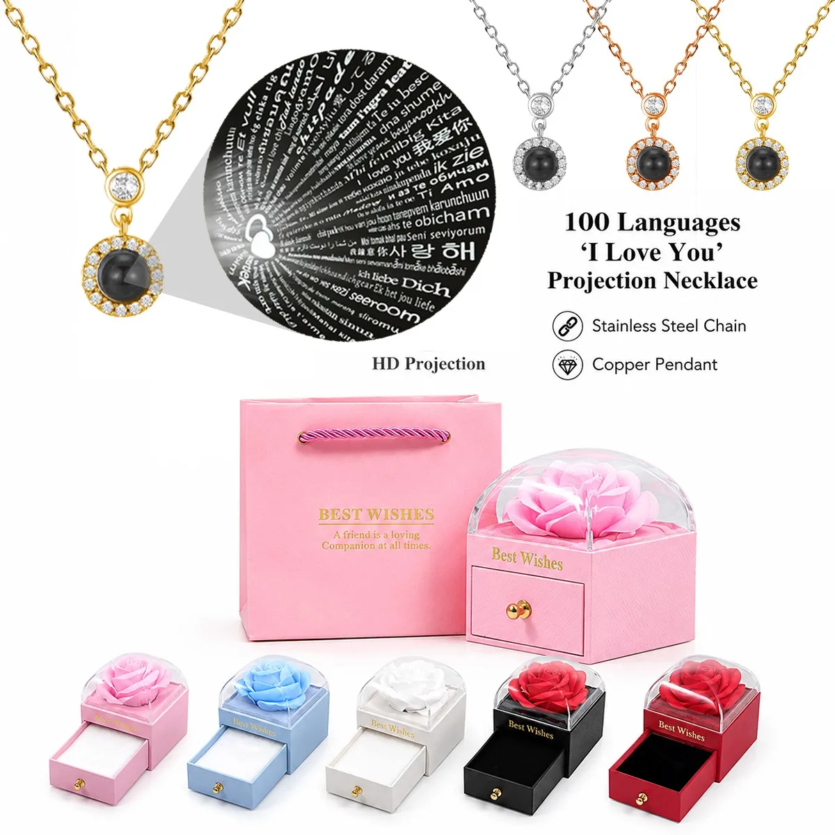 Round Pendant 100 Languages Projection Necklace With Rose Gift Box For Women Mother Christmas Valentine Birthday Jewelry