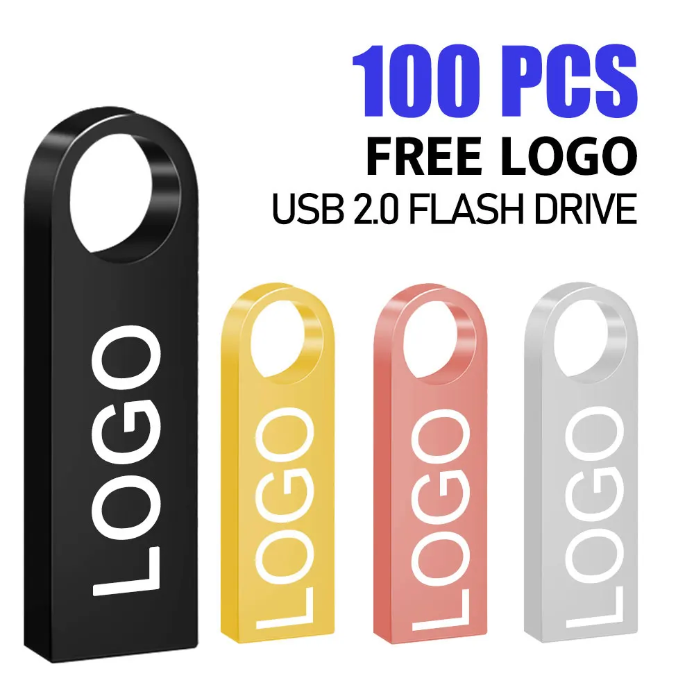 100PCS/lot Metal Pen Drive 64GB 32GB 16GB USB Flash Drive 8GB 4GB U Disk Key Stick 2GB 1GB 128MB 256MB Memory Pendrive Free Logo