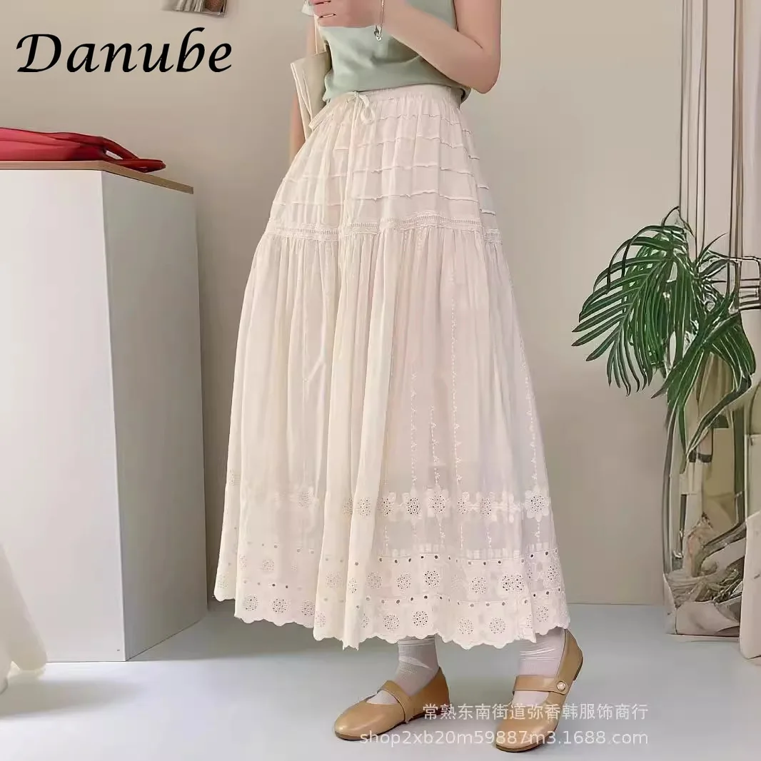 Women's Vintage Embroidery White Pleated Skirt, Elegant, High Waist, Loose, A-line, Cotton, Linen, Long, Girl, Summer, New