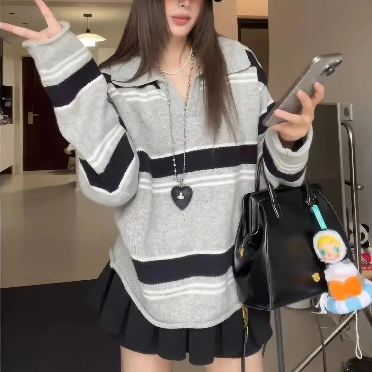 Damesgebreide kleding Herfst 2025, Dongda Gate Retro Lazy Sle Veelzijdig Faionable High-End Feel Gestreepte top met kraag Lang Sve