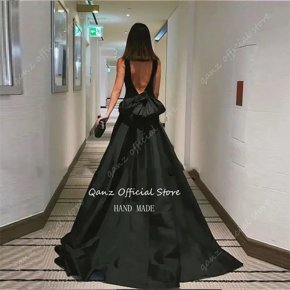 Qanz Abendkleider Dubai Evening Dresses Vintage Satin Black Saudi Arabia Prom Dress with Large Bow Formal Occasion Customized