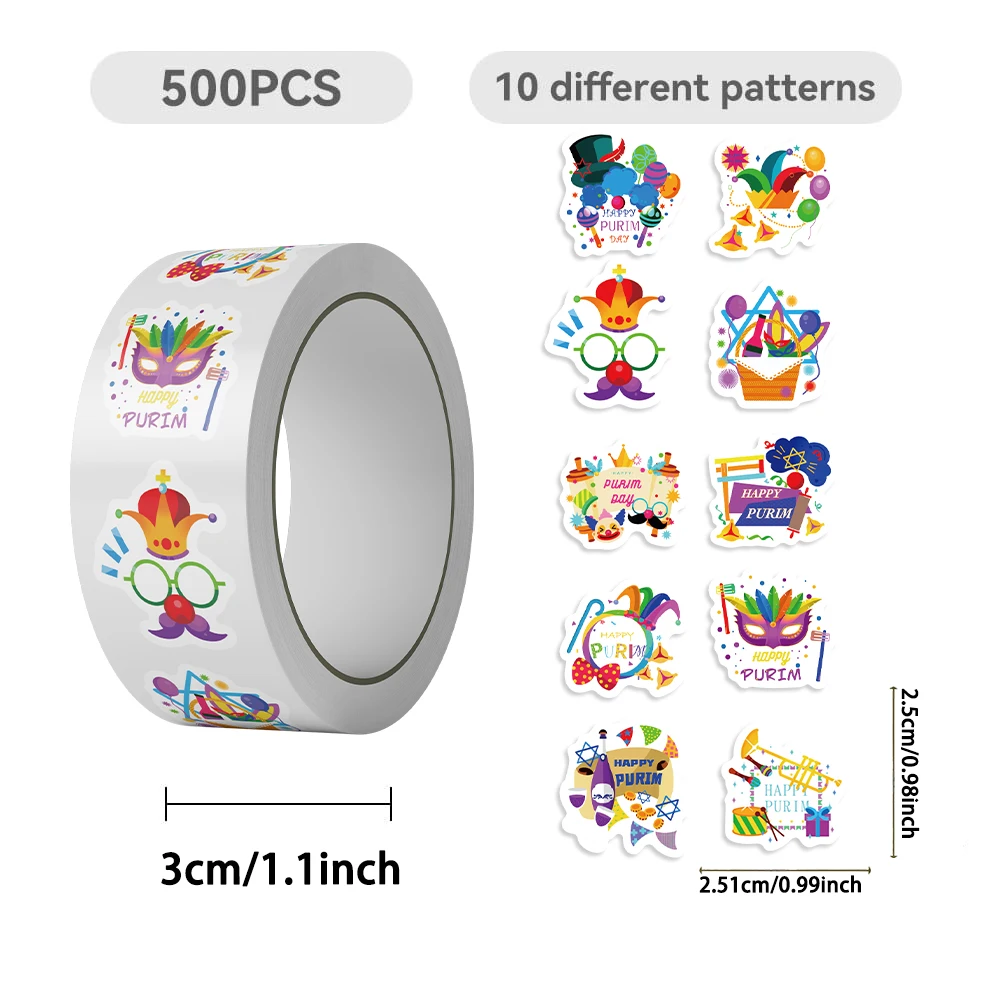 500pcs Purim Jewish Stickers Roll Vinyl Stickers Scrapbook Journaling Laptop Bumper Skateboard Water Bottles Computer Phone