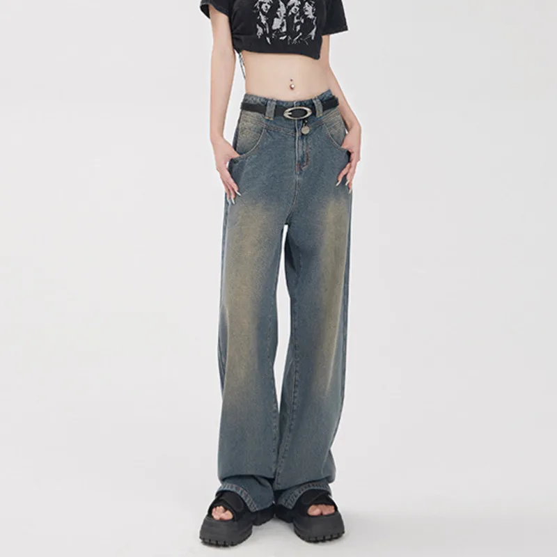 #2006 Vintage Blue Wide Leg Jeans Women Loose Streetwear Straight Lengthen Jeans Woman High Waist Denim Jeans Spring2025