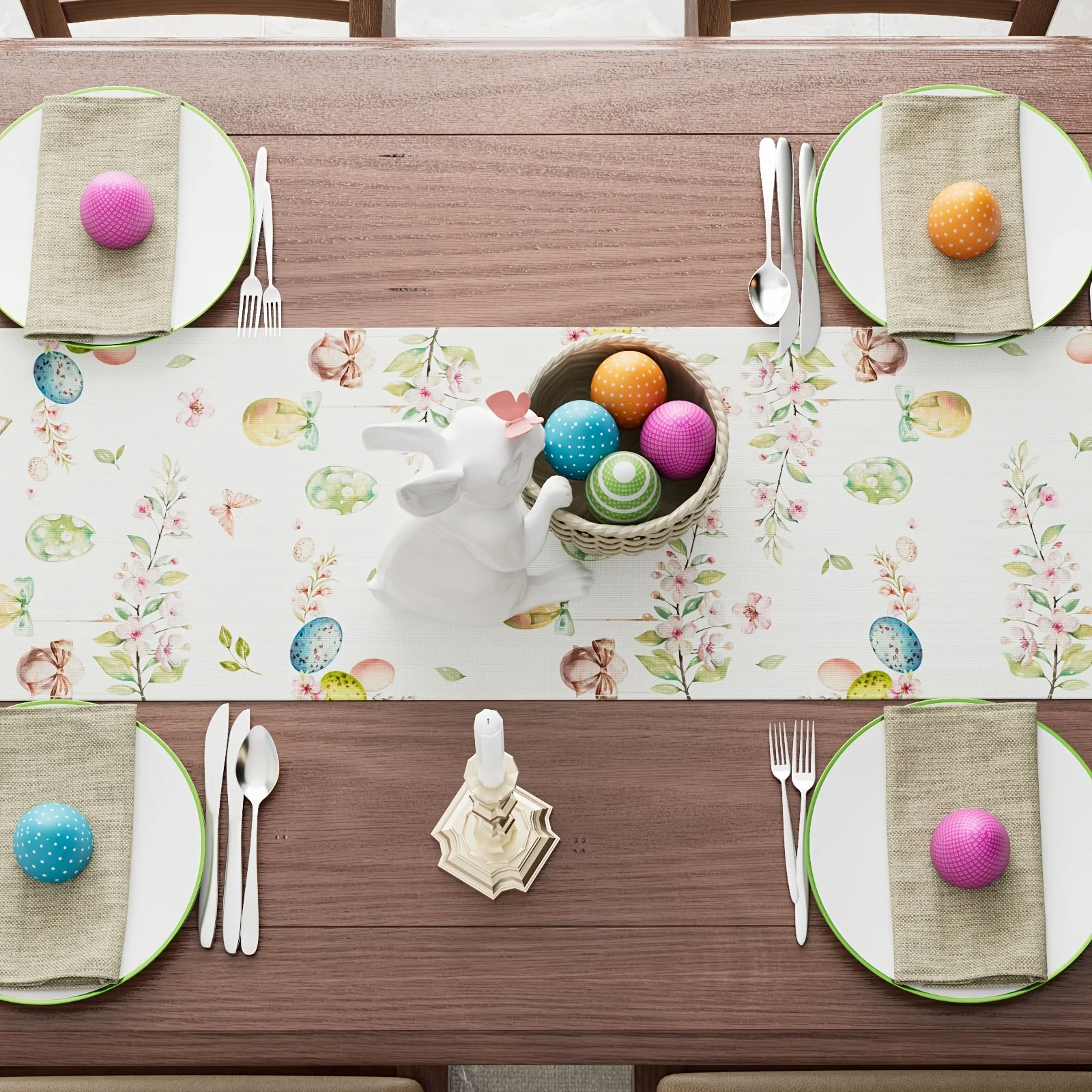 Easter Bunny Colorful Eggs Floral Linen Table Runner Holiday Party Decor Spring Flowers Leaves Table Runners Dresser Scarf Decor