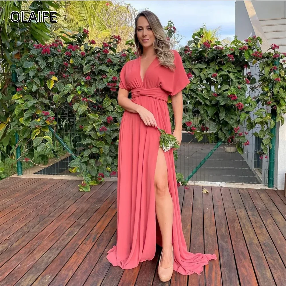 

Classic Long Chiffon V-Neck Prom Dress Slit A-Line Formal Occasion Gowns Sash Customized Short Sleeves Sweep Train فساتين سهرة