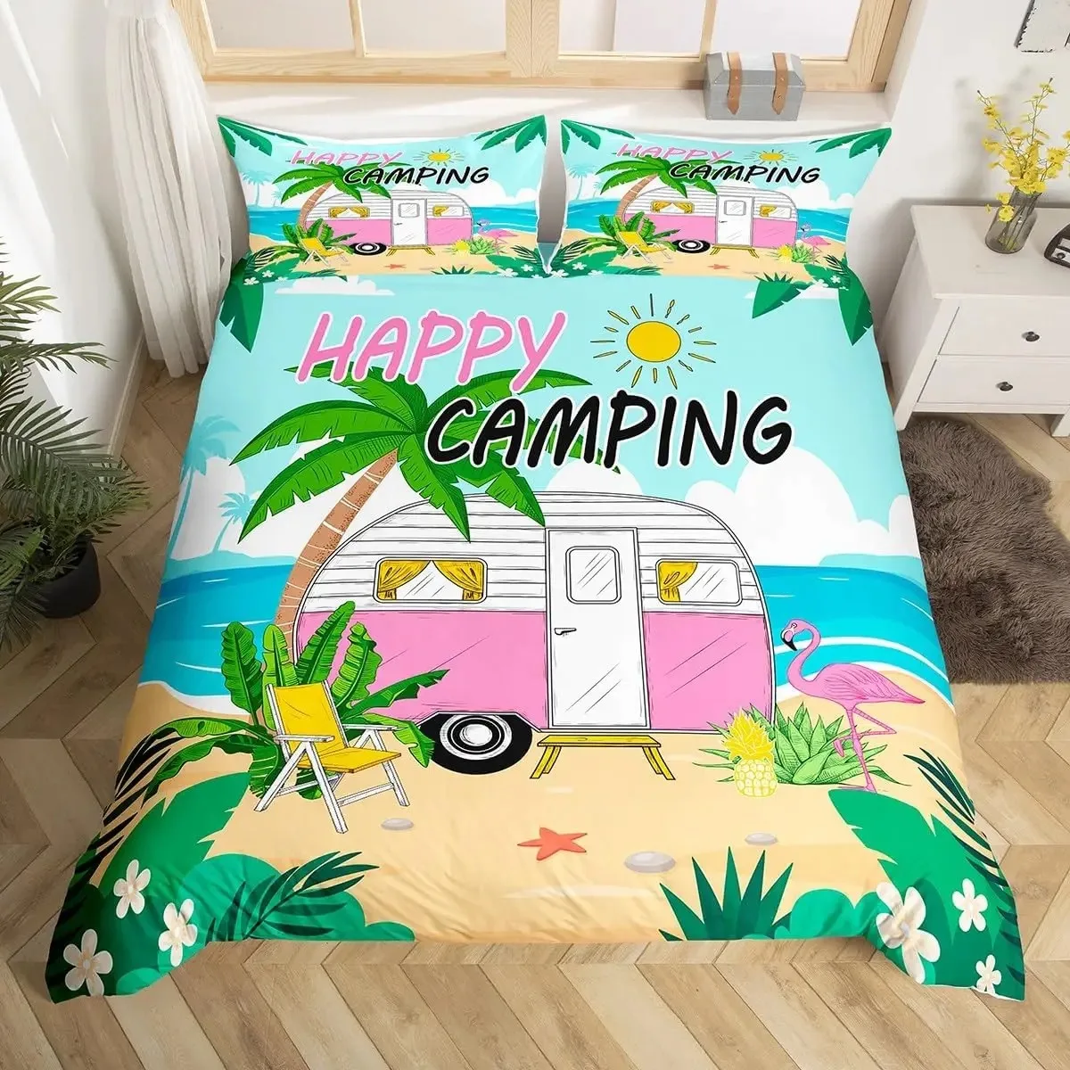 

Ocean Beach Duvet Cover Full Sailboat Seagull Scallop Bedding Set 2/3pcs,Tropical Flower Palm Leaf Quilt Cover for Kids Boy Room