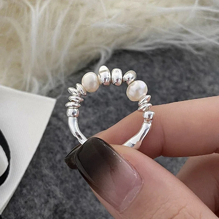 Real 925 Sterling Silver Freshwater Pearls Round Rings for Women Trendy Adjustable Fine Jewelry Minimalist Accessories