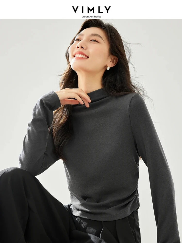 Vimly Women Grey T Shirts 2023 Autumn Winter Side Shirring Pullover Long Sleeve Top Fashion Mock Neck Underwear Tee Shirt M3977