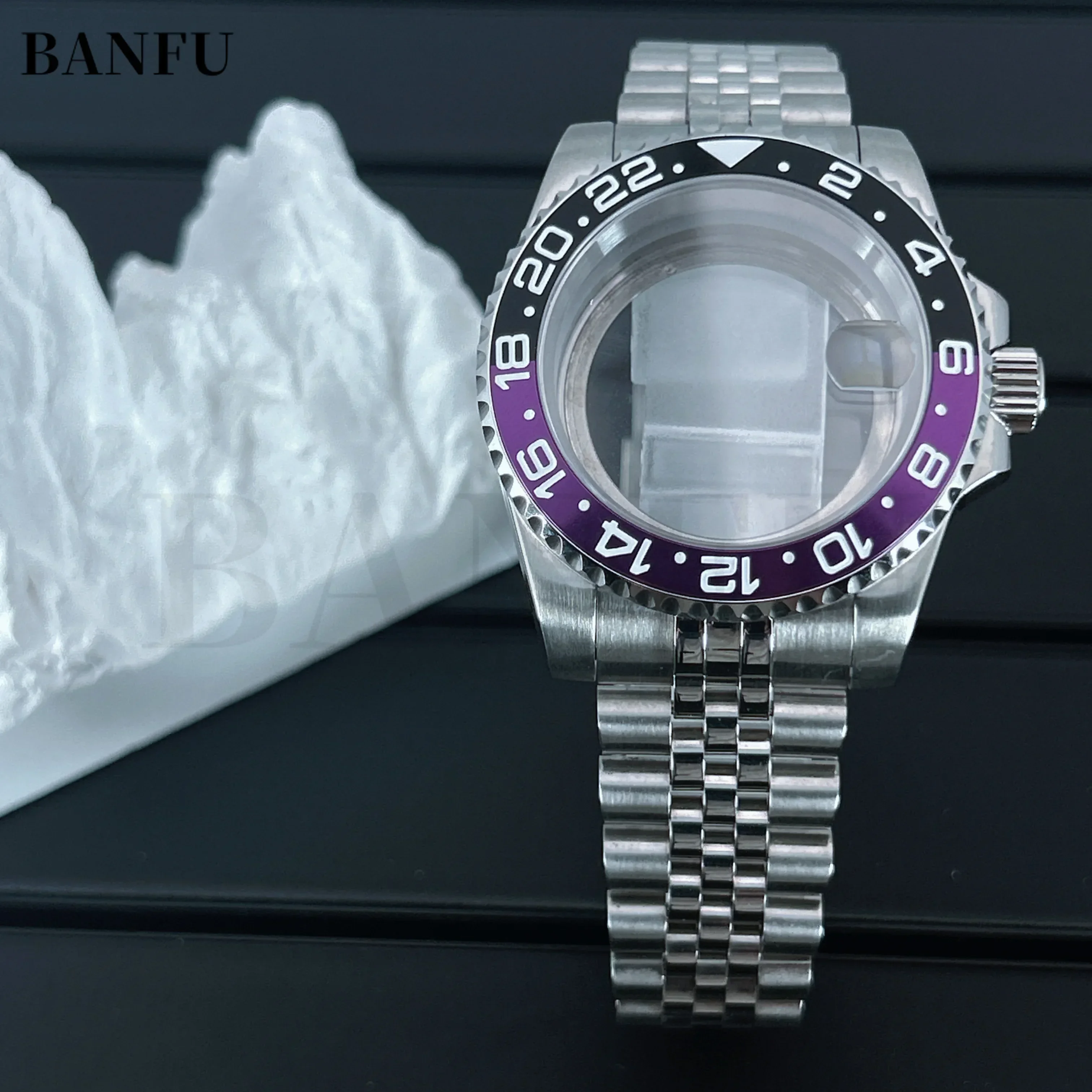 40mm Clear Glass Watch Case Bracelet with Ceramic Bezel Parts for Seko Submarine GMT NH35/36 NH38 NH34 Movement 28.5-30.5mm Dial