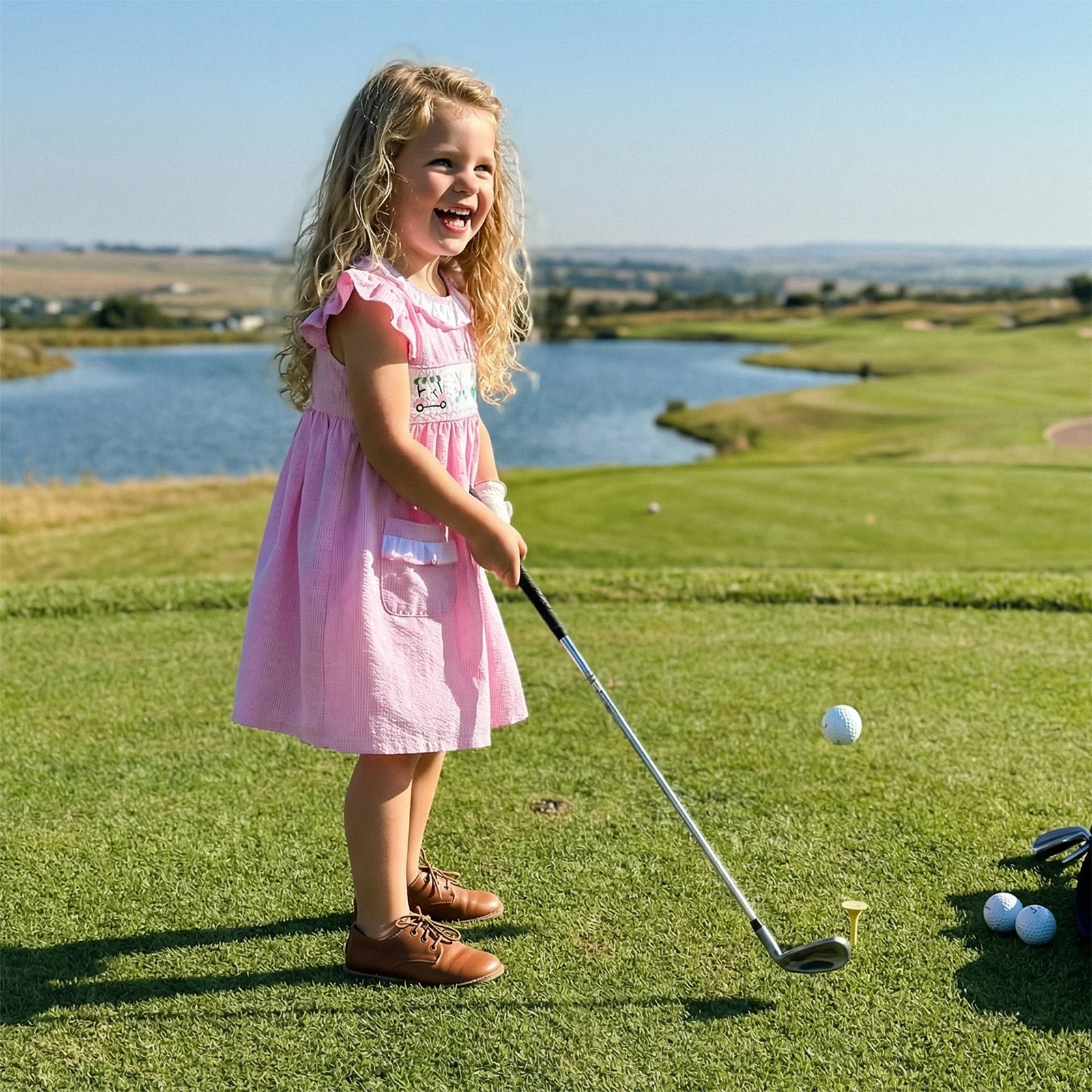 Toddler Girls Dress Golf Embroidered Ruffles Crew Neck Fly Sleeve Casual Dress Baby Summer Dress
