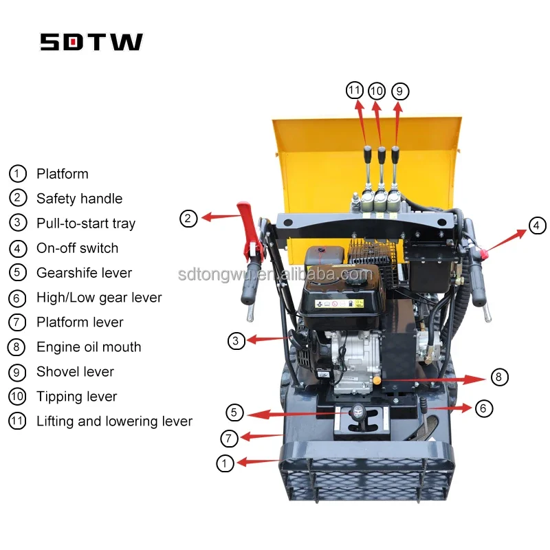 New 1Ton Mini Crawler High Tip Lifting Motocarriola Dumper 500kg 700kg Rubber Track Transporter Dumper for Hot Sale