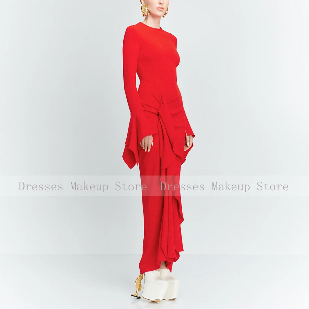 Pink Evening Dress Maxi O Neck Long Sleeves Ruffle Sheath Modest Evening Gowns for Women 2025 Column Formal Party Dresses image 6
