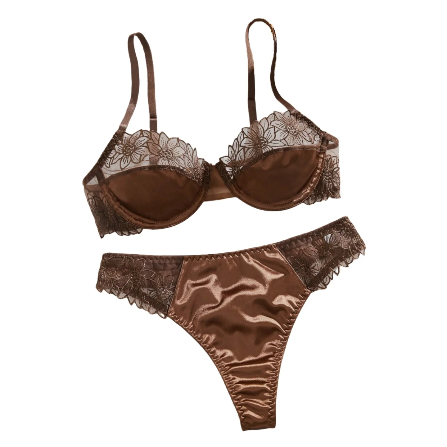 

Hot-Selling 2-Piece Floral Embroidery Sexy Bra Set - Sunflower Embroidered Underwired Semi-Sheer Lingerie Set, Ideal for Dates,