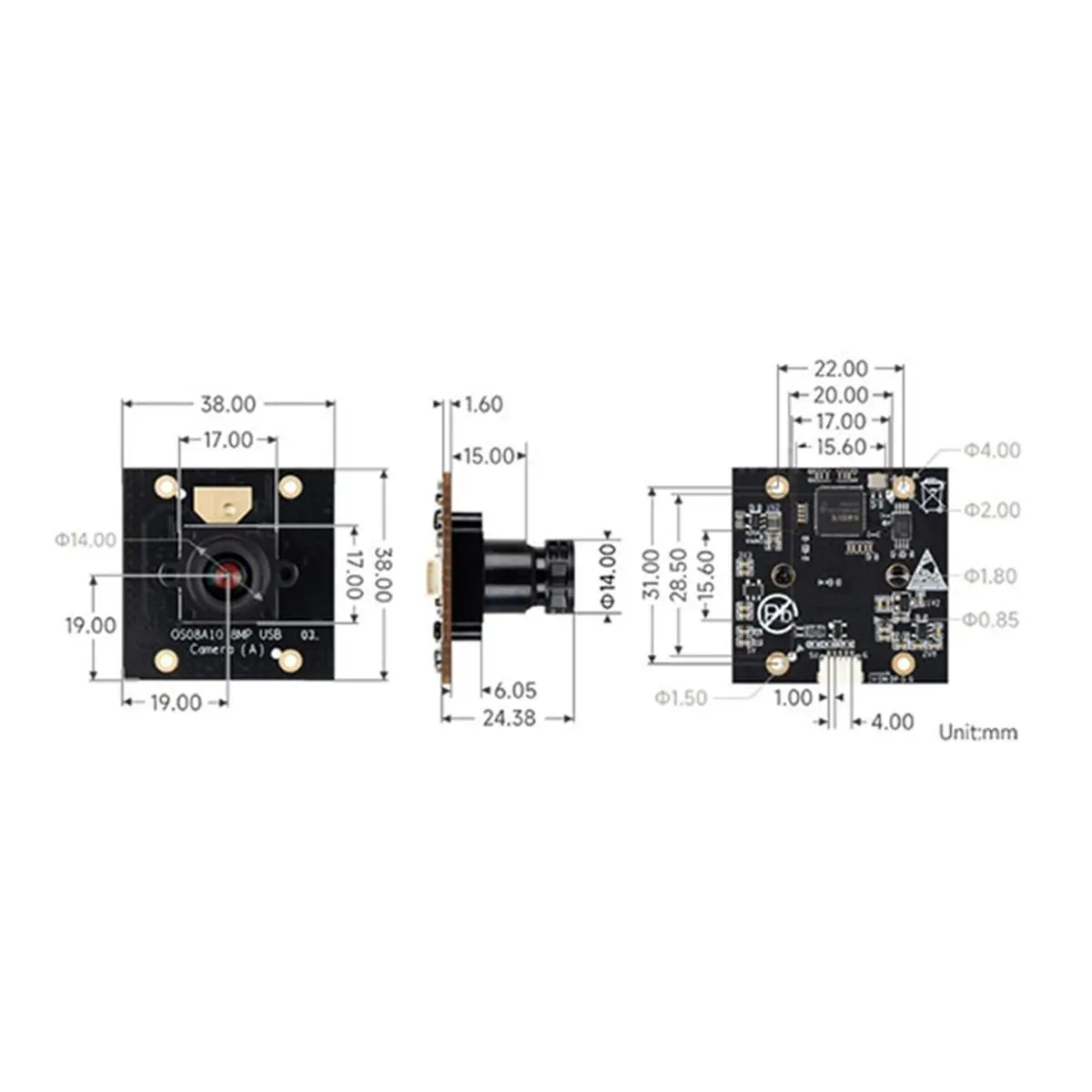 AA86 8MP Camera Module M12 USB 2.0 Camera Module OS08A10 Image Sensor Plug and Play Monitor Module