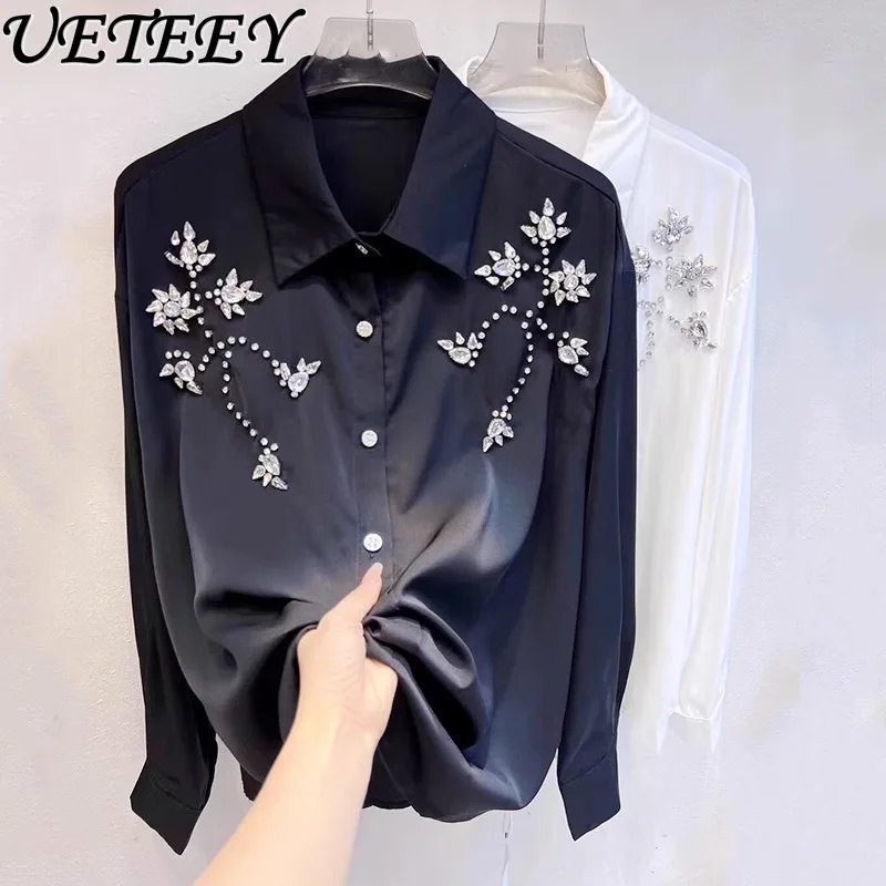 Design Sense Niche Heavy Industry Beaded Solid Color Loose Shirt Spring New Long-sleeved Chic Temperament Tops for Women