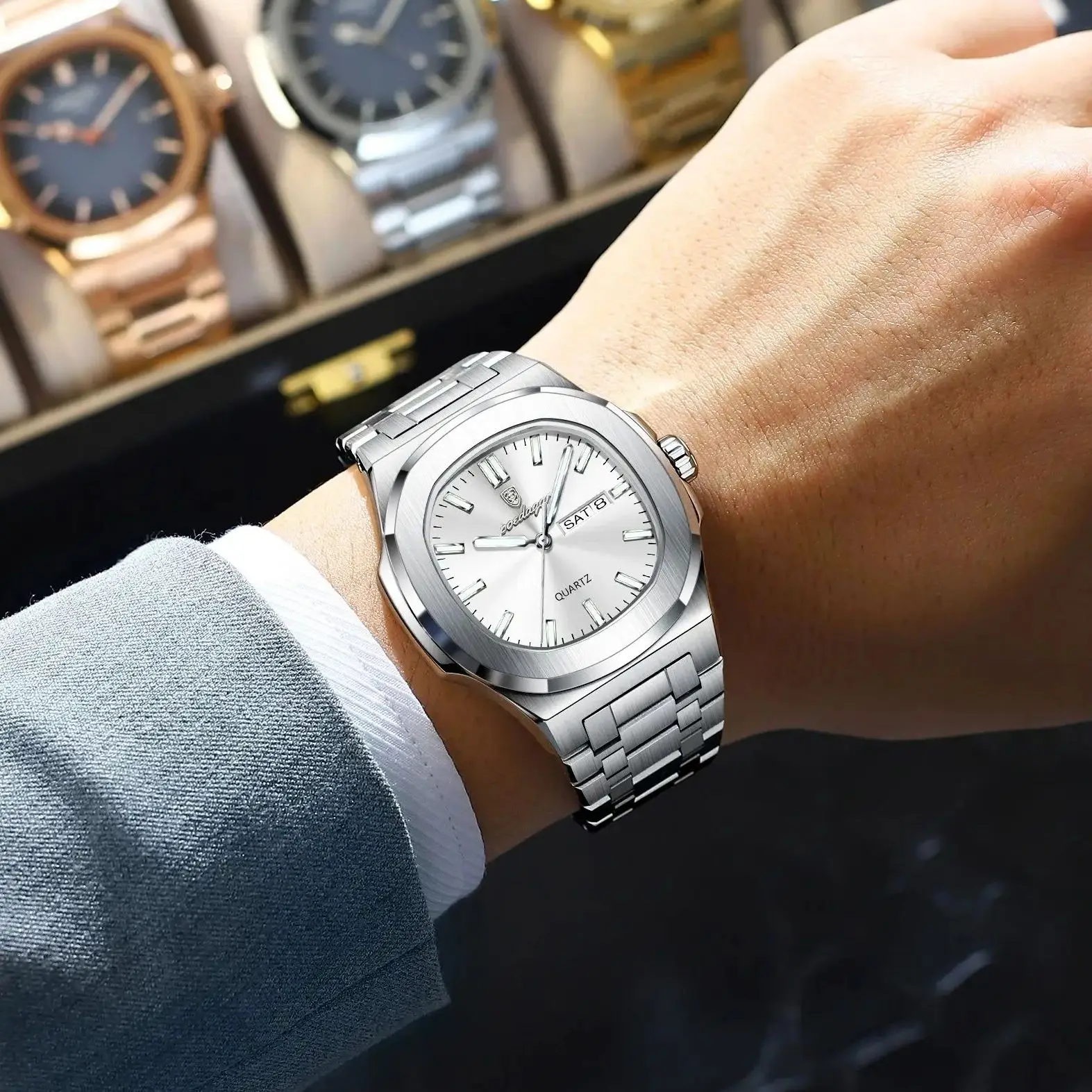 POEDAGAR كلاسيكي مربع الرجال ساعة اليد مقاوم للماء مضيئة تاريخ الأسبوع عادية رجل ساعة الفولاذ المقاوم للصدأ ساعات كوارتز رجالية Reloj #5