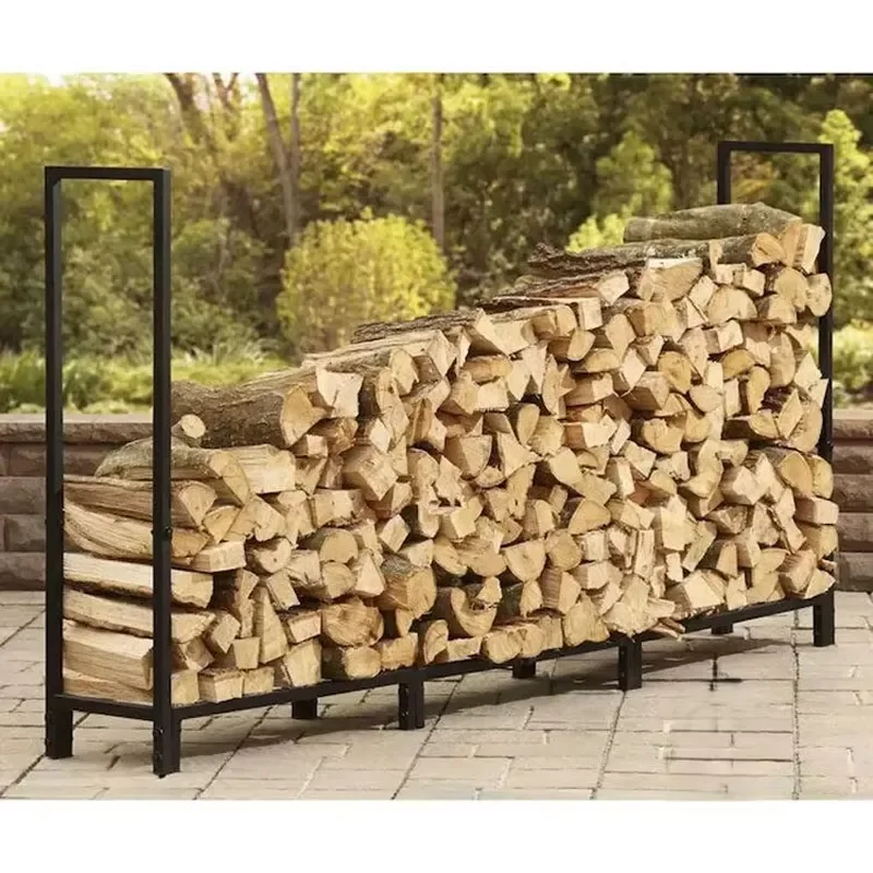 European Simple Black Mesh Wrought Iron Floor Standing Firewood Storage Rack Log Organizer With Partition for Home Outdoor