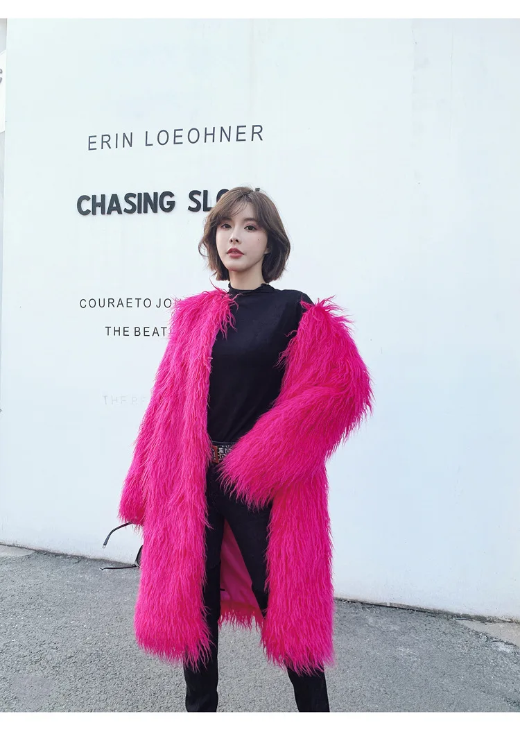 Women\'s Fur Coat Colorful Furry Pink Lamb Wool Faux Fur Coat Female Shaggy Sheepskin Coat Winter Artificial Fur Jacket