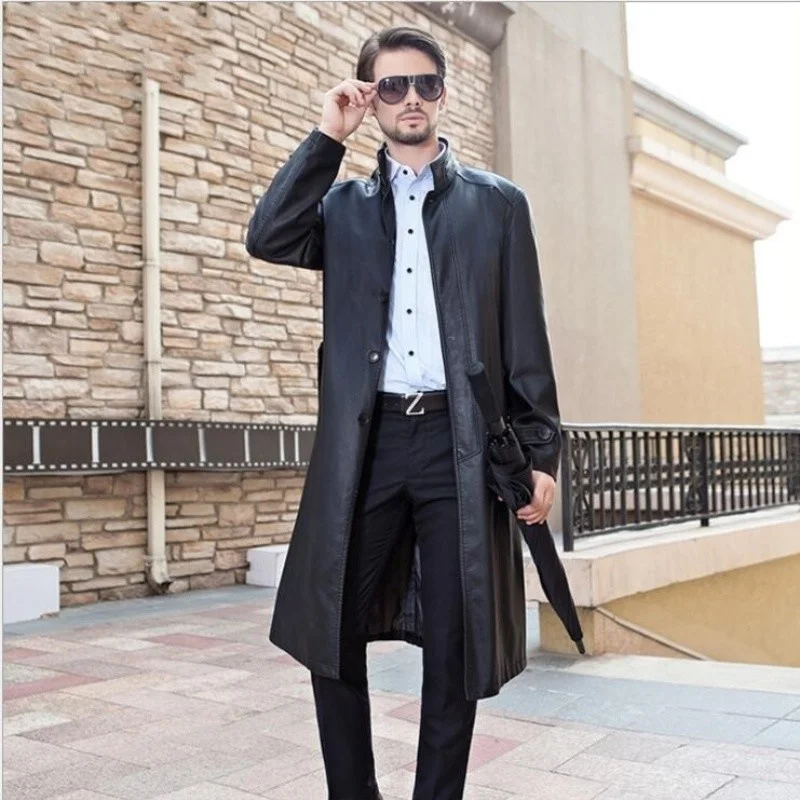 Mens Autumn Sheepskin New Jacket Fashion Men Stand Long Trench Coat Winter Double-breasted Windproof Male Plus Size Outerwear