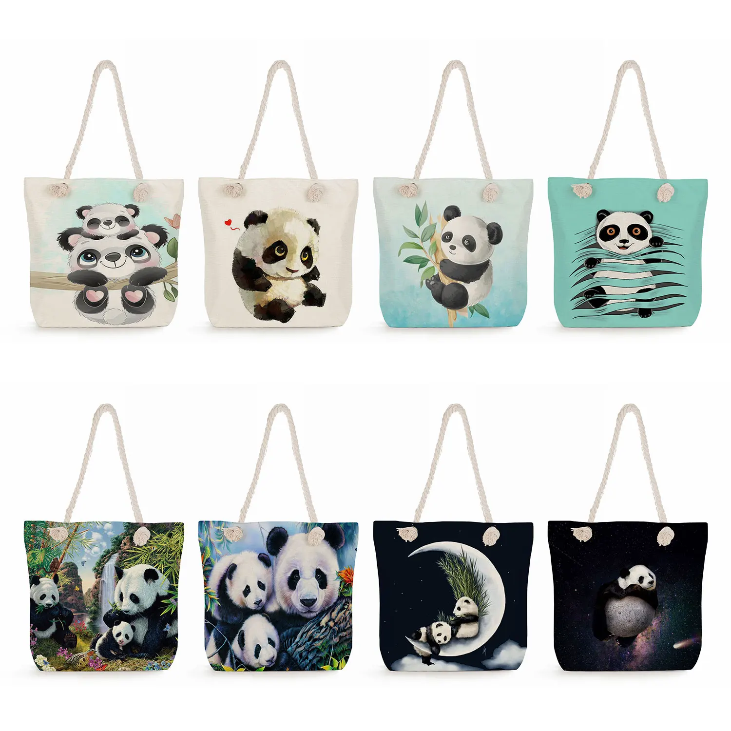 Thick Rope Ladies Student Tote Reusable Handbag Shopper Bag Custom Women Casual Cute Panda Series Portable Shoulder Bag Linen